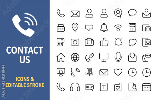 Set of 42 minimalist Contact Us icons with editable strokes for business communication, customer support, and website UI design.