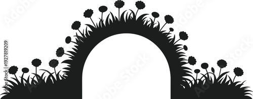 Black silhouette of a flower bed with an archway and round flowers and grass vector