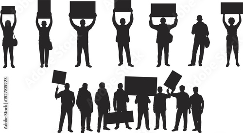 Diverse group of people silhouettes holding blank signs for protest or demonstration vector illustration