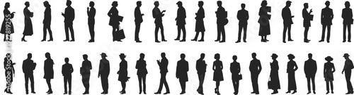 Diverse group of people silhouettes in various poses and attire on white background Keywords: silhouette, people, man, woman