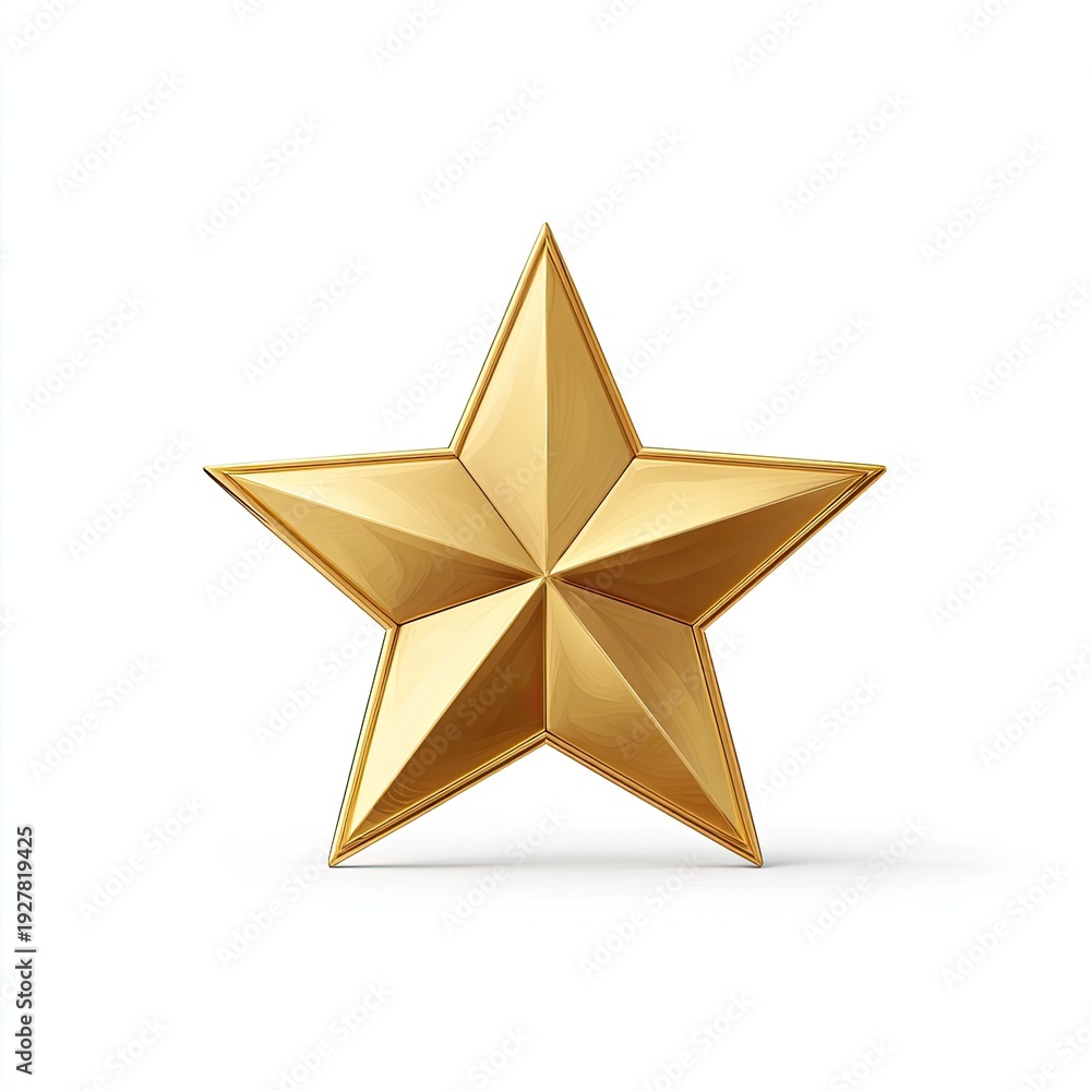 Fototapeta premium Shiny, golden five-pointed star with a slight shadow, set against a plain white backdrop