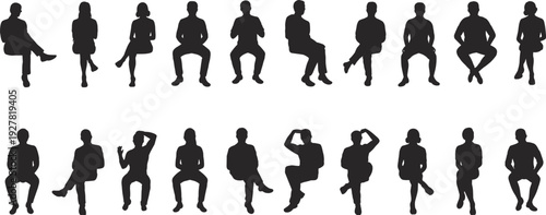 Diverse group of people silhouettes sitting in various poses on white background vector illustration