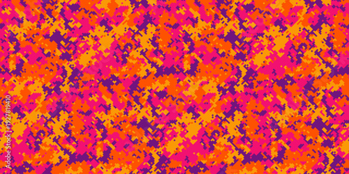 Vibrant abstract digital camouflage pattern in bold orange, pink, and purple hues.  Perfect for textiles, website backgrounds, or any design needing a striking, energetic visual.
