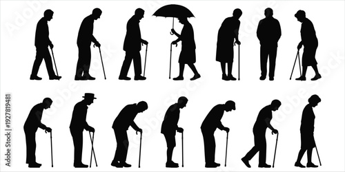 Elderly people in silhouette with canes and umbrella on white background Keywords: elderly, old, senior, people, man, woman