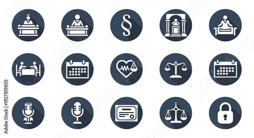 Collection of various law and justice icons representing different legal concepts and institutions in a modern digital illustration style