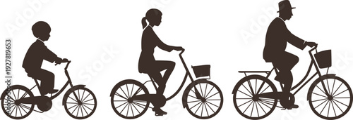 Family cycling silhouettes showing child, woman and senior man riding bicycles isolated on light background healthy lifestyle active transportation concept vector illustration