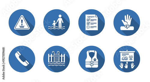 Collection of icons representing warning signs and safety guidelines for water activities and emergency procedures