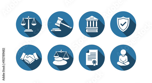 Collection of Legal Icons Representing Justice and Protection in a Circular Format