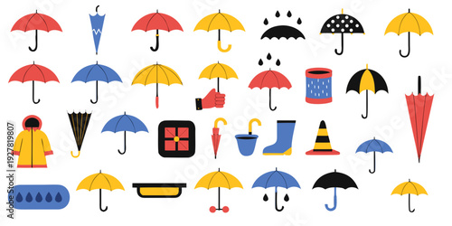 Collection of colorful umbrellas and rain gear icons