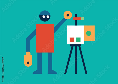 A human artist is painting on a canvas at an easel with an eye-like lens on a teal background.