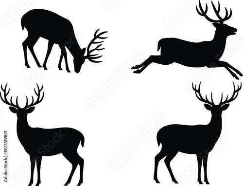Four Black Silhouettes of Deer with Antlers in Different Poses stag buck