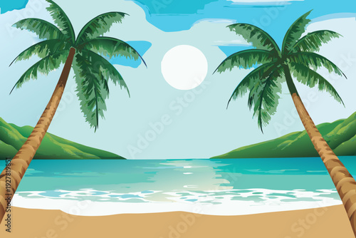 Tropical beach scene with palm trees ocean and a bright sun