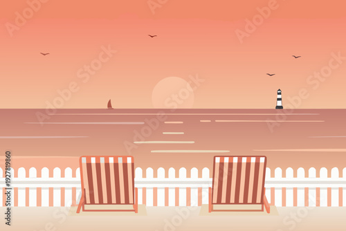 Serene beach scene with deck chairs lighthouse and a setting sun