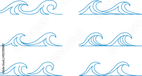 A collection of serene, stylized blue outline ocean waves gracefully rolling across a bright white background, evoking a calm and refreshing marine setting.