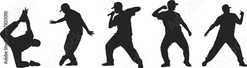 Hip hop dancers and rappers in silhouette performing on white background Keywords: hip hop, dance, dancer, breakdance, bboy