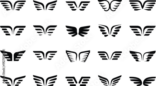 A collection of stylized black vector wing icons, representing flight, speed, and freedom, evoking aspiration and power, presented cleanly on white.