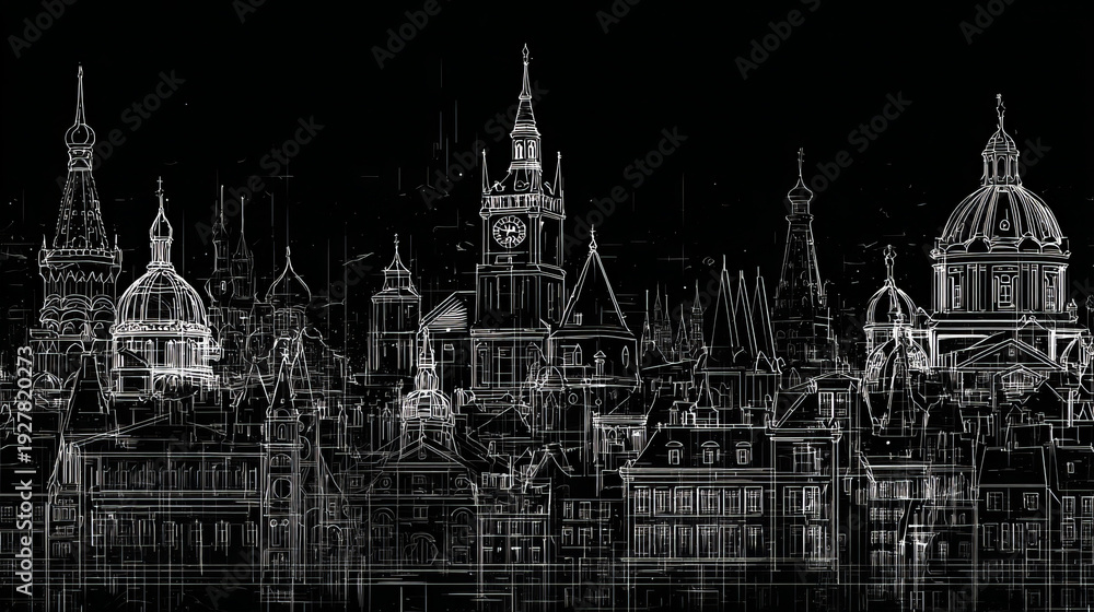Fototapeta premium Line sketch cityscape design. Abstract black background