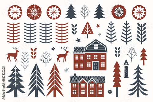Festive nordic patterns featuring trees deer and charming winter houses