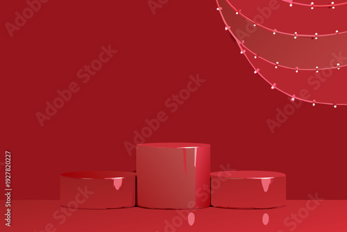 Red minimalist stage with platforms and glowing circular lights above