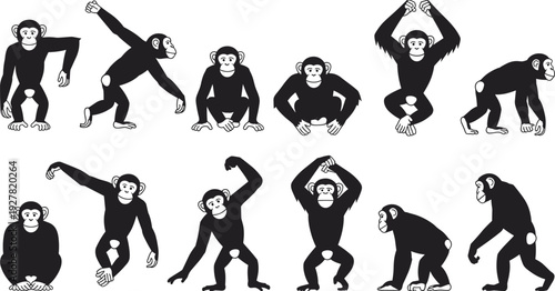 Set of black and white cartoon chimpanzee silhouettes in various playful poses monkey