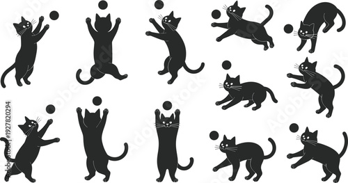 Silhouette Collection Of Black Cats Playing With Balls On White Background vector illustration