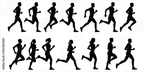 Silhouette Collection Of Male And Female Runners In Motion On White Background running