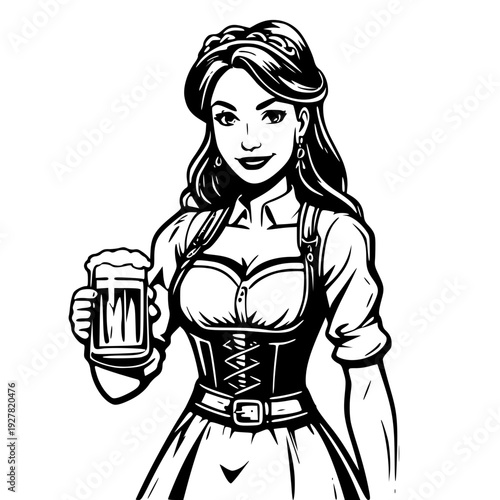 Oktoberfest Girl Vector Illustration - Traditional Bavarian Woman with Beer Mug. A professional black and white vector illustration of a beautiful young woman in a traditional Bavarian Dirndl dress