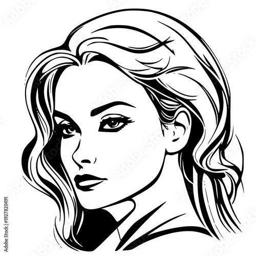 Elegant Woman Portrait Minimalist Vector Illustration - Monochrome Line Art. A sophisticated black and white vector portrait of a beautiful young woman.