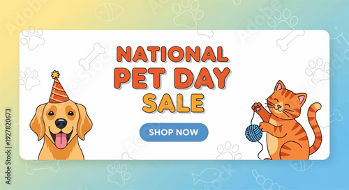 National pet day sale banner with dog and cat in party hat