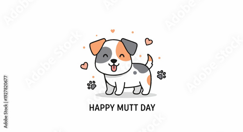 Cute tri color puppy dog with hearts and paw prints celebrating happy mutt day on a white background