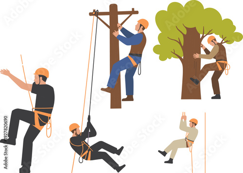 Flat vector illustration set of rope access technicians and  workers climbing utility poles and trees using safety harness equipment for maintenance 