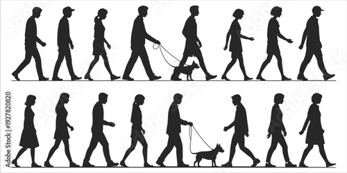 Silhouettes of people and dogs walking in two rows on a white background Keywords: silhouette, people, man, woman, child, dog