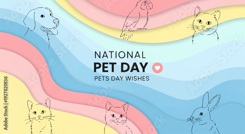 National pet day greeting card with colorful wavy background and simple line drawings of cats and dogs