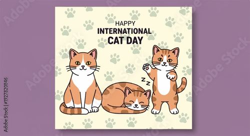 Three orange cats celebrating happy international cat day with paw prints on cream background