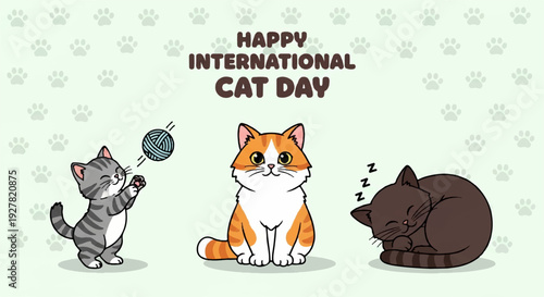 Three cats celebrate international cat day with playful and cute expressions on a light green background
