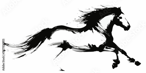 Dynamic brushstroke painting depicts a galloping black horse in motion