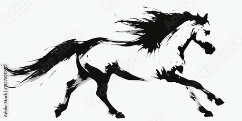 Dynamic brushstroke painting depicts a powerful rearing white horse