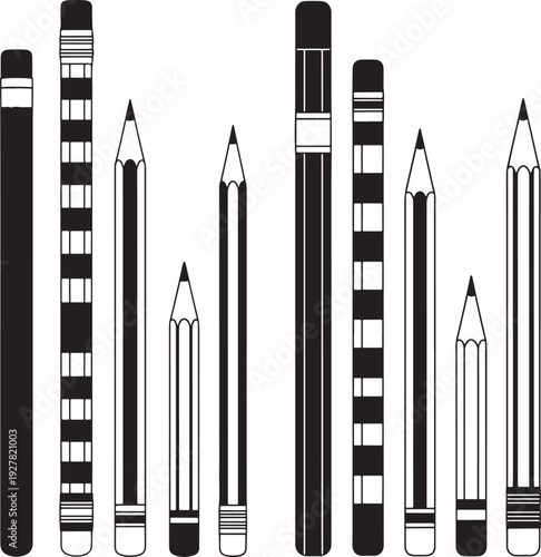 Collection of diverse black and white pencils in various styles and sharpened states, vector illustration