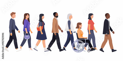 Diverse group of people walking in a line showcasing inclusivity