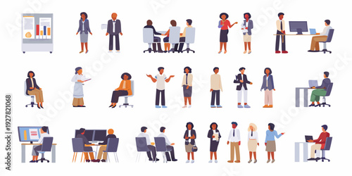 Diverse group of professionals interacting in various office scenarios