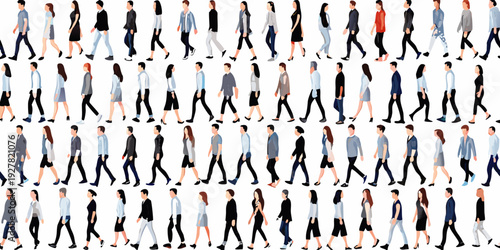 A large group of blurred people walking in a city environment