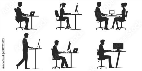 Silhouettes of people working at computers and desks in various office poses vector illustration