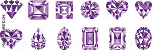 Purple amethyst gemstone set vector illustration with assorted faceted diamond cut shapes isolated on background for jewelry design, luxury branding, and gem collection display
