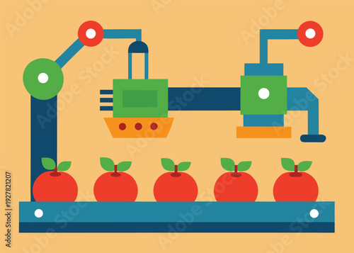 An automated food production line features robotic arms processing red apples on a conveyor belt on a light brown background.