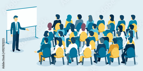 A business presenter addresses a large audience in a conference setting