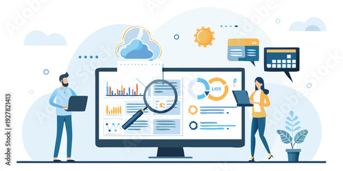 Data analysis and cloud computing illustration with people and devices