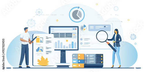 Data analysis and cloud computing illustration with people and devices