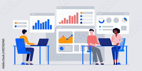 Data analysis team collaborates using charts graphs and digital displays