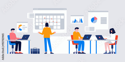 Team collaboration and project management visualized in a modern office setting