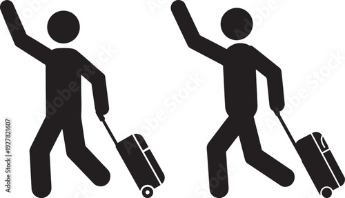 Two black silhouette icons of people with luggage waving, representing travel, vacation, or departure with a sense of excitement.